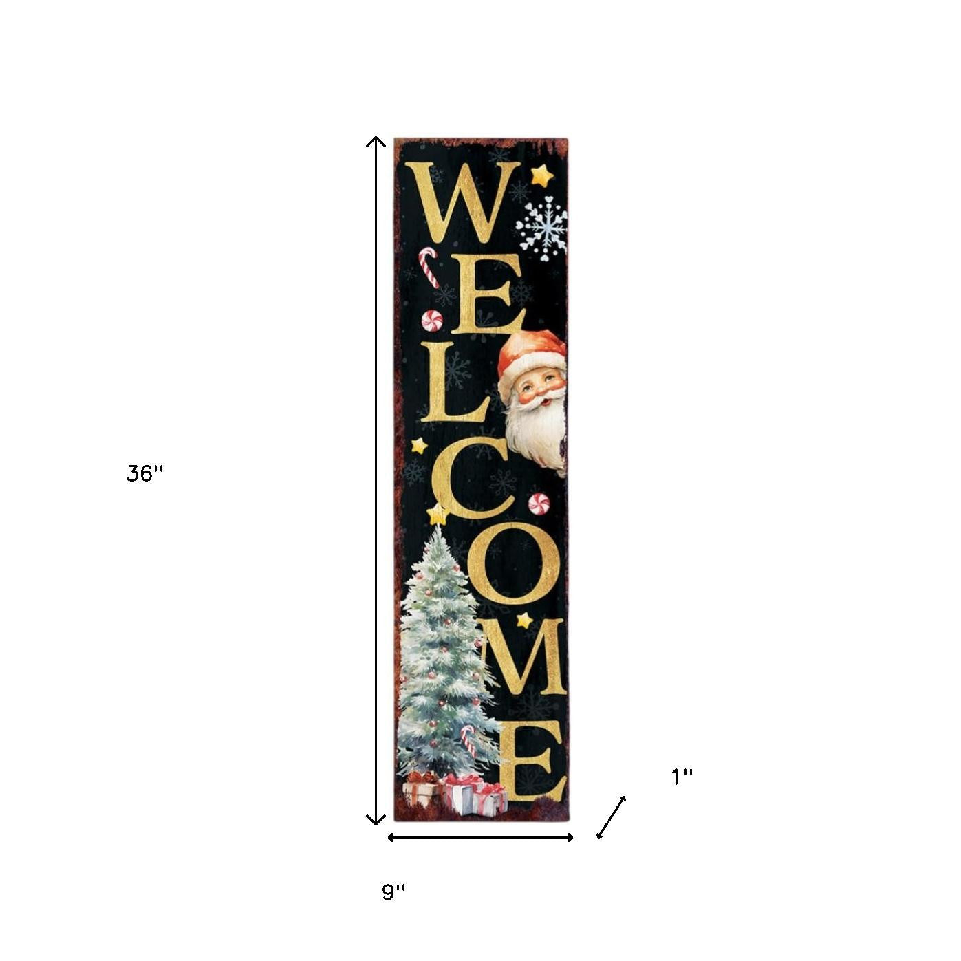 36 inch Black Gold Red Christmas Santa Welcome Porch Sign - Holiday Outdoor Decor