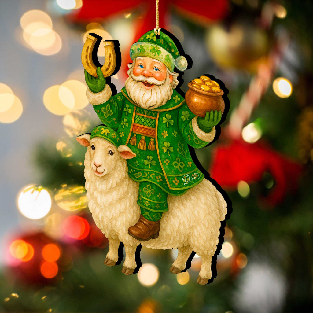 Irish Santa Wooden Christmas Ornament - Shamrock Santa Gift Decor